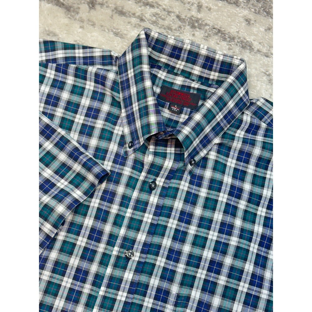 O'Connell Lucas-Chelf Button Down Mens L Green Blue Plaid Short Sleeve USA Made